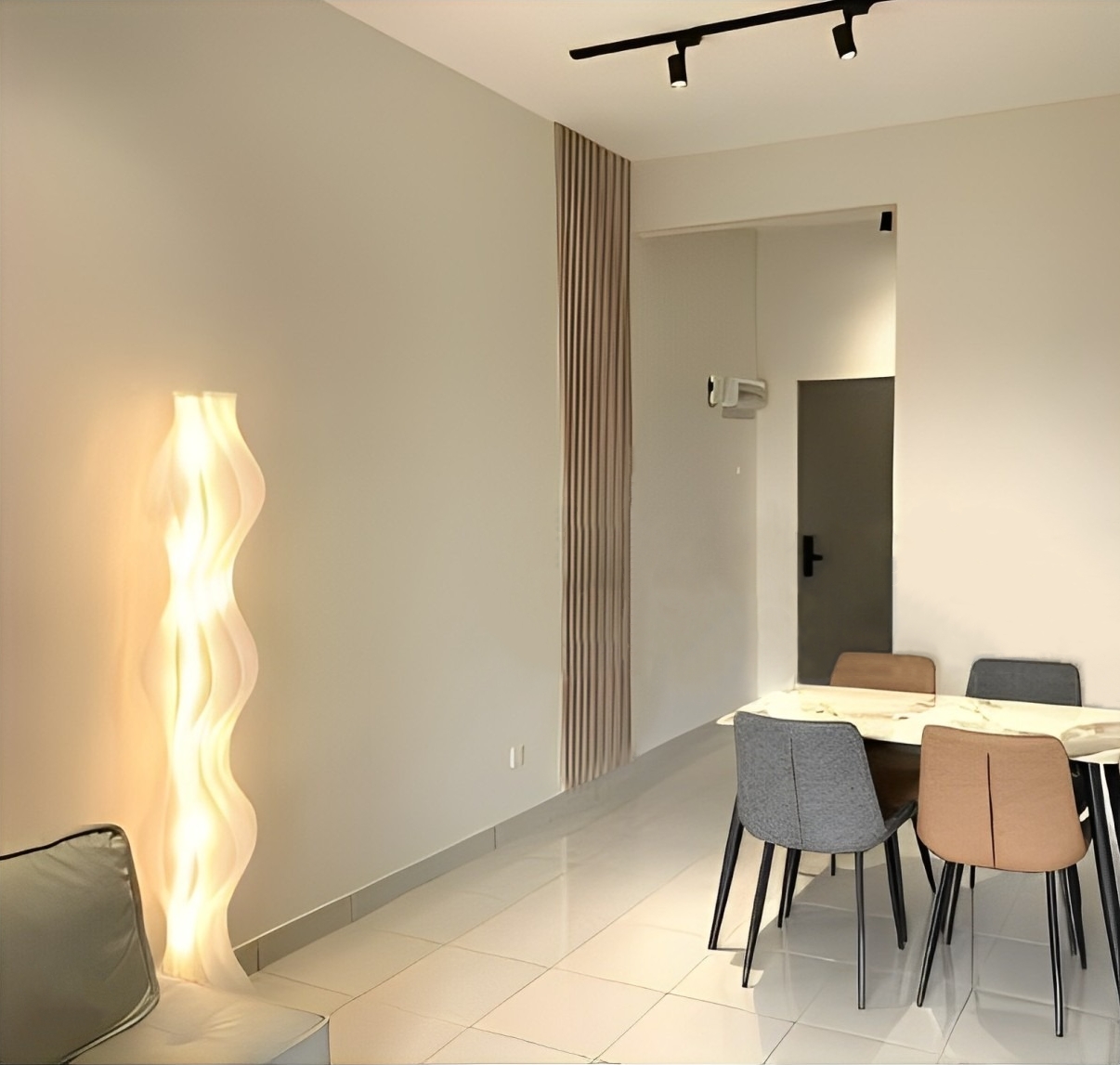 Youth City dining area renovation — wave lamp feature, marble dining table